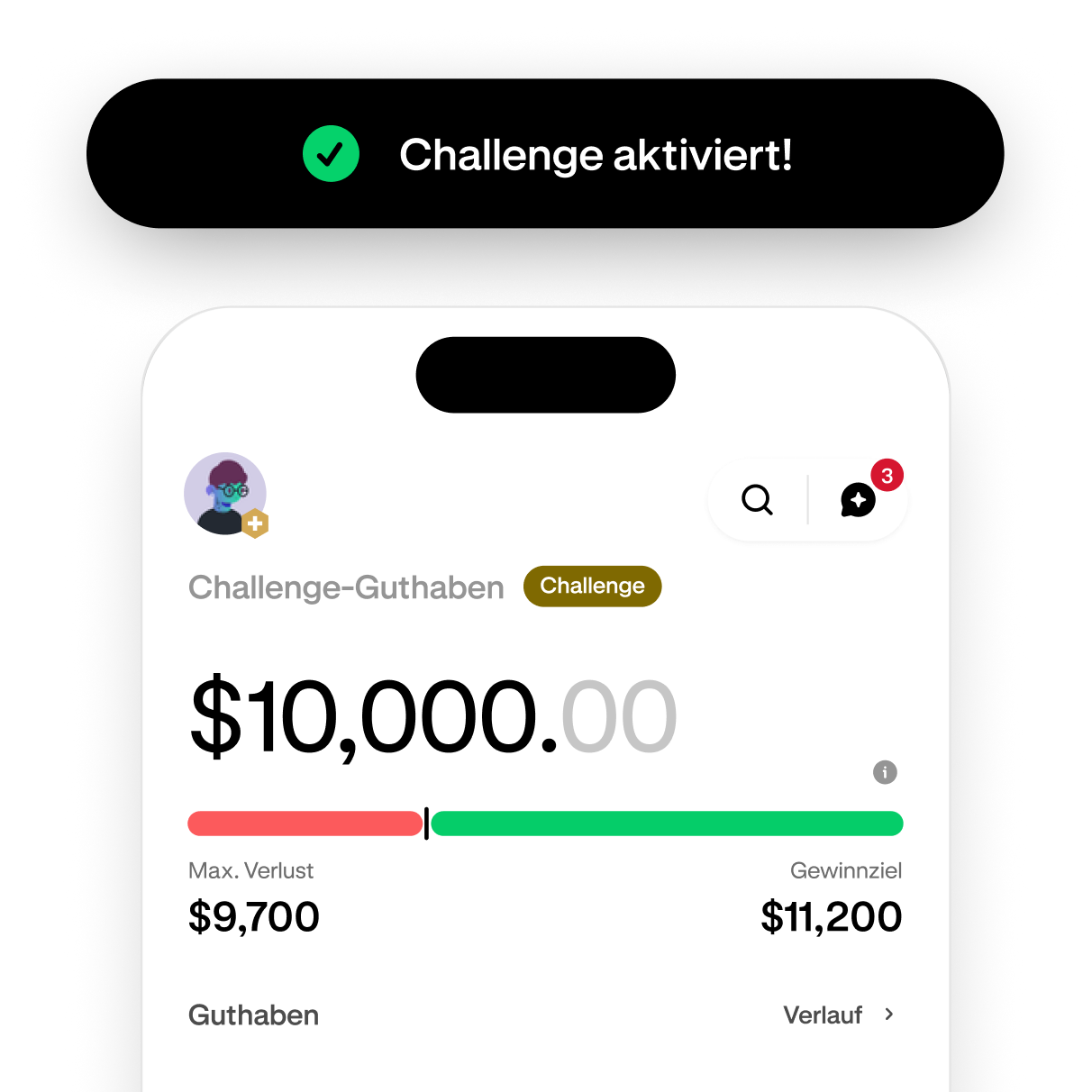 Trading challenge screen showing progress toward the profit target
