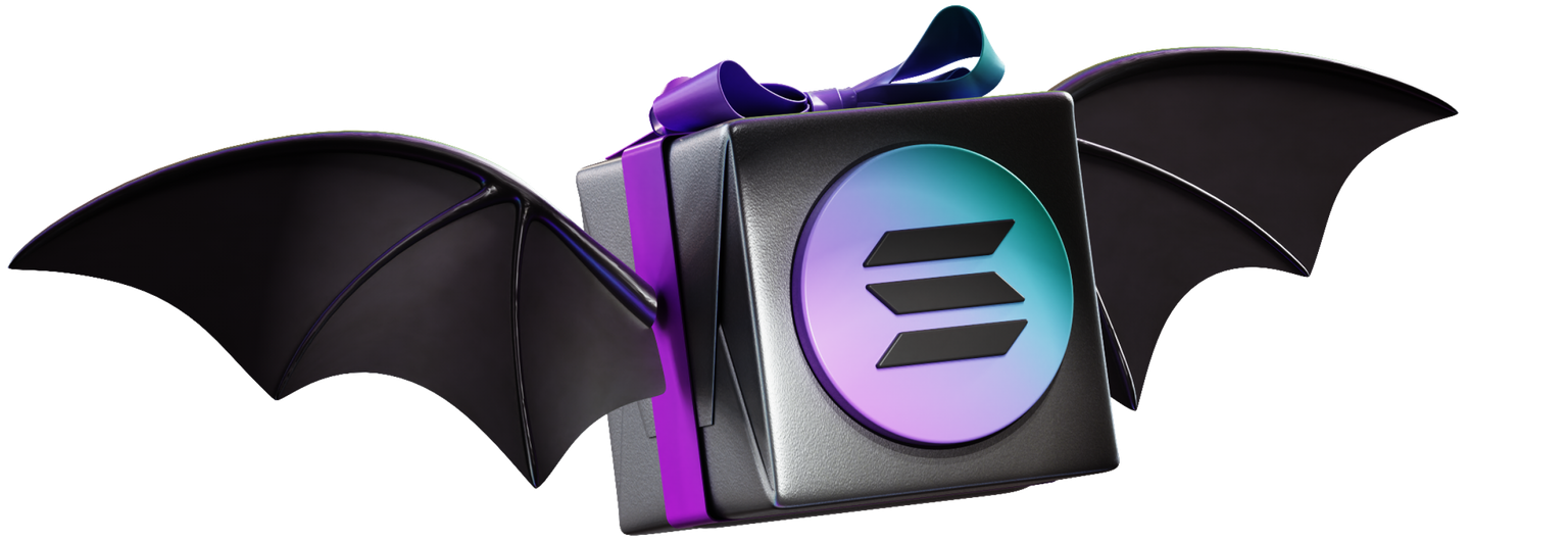 Gift box with bat wings and Solana logo, purple ribbon.