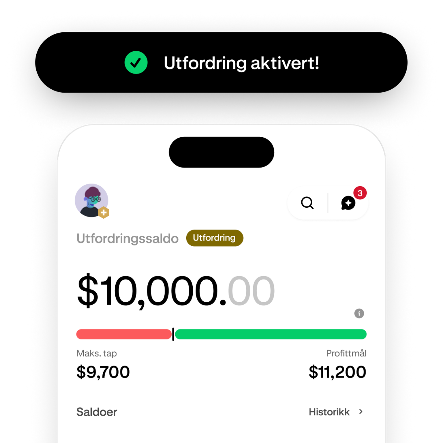Trading challenge screen showing progress toward the profit target