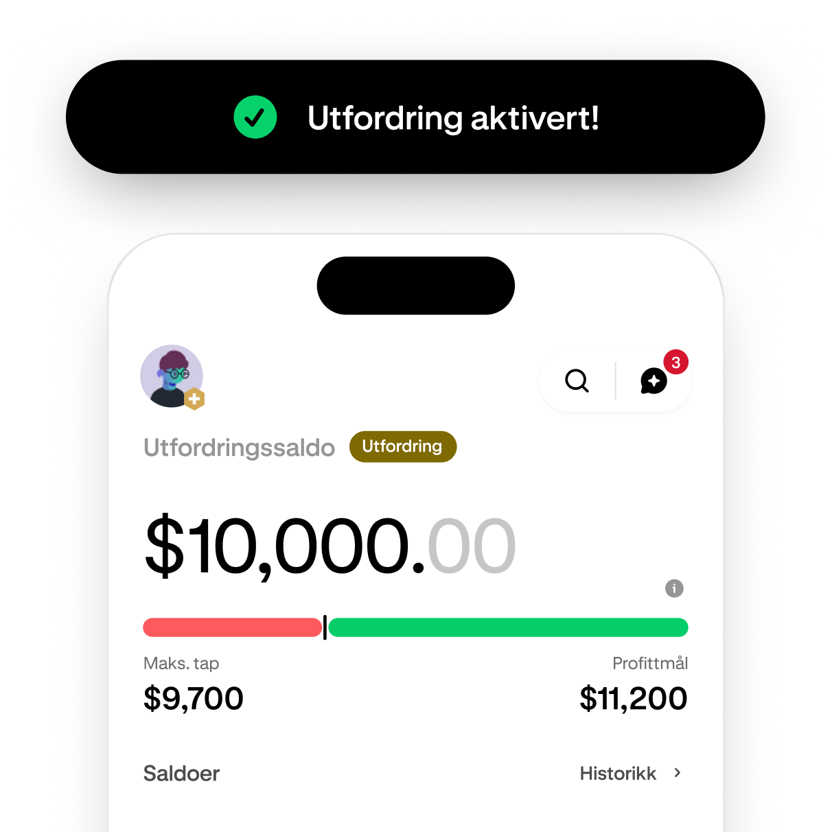 Trading challenge screen showing progress toward the profit target