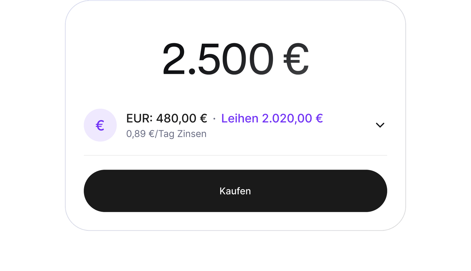 Buy screen showing a purchase funded with cash and a cryptocurrency-backed loan