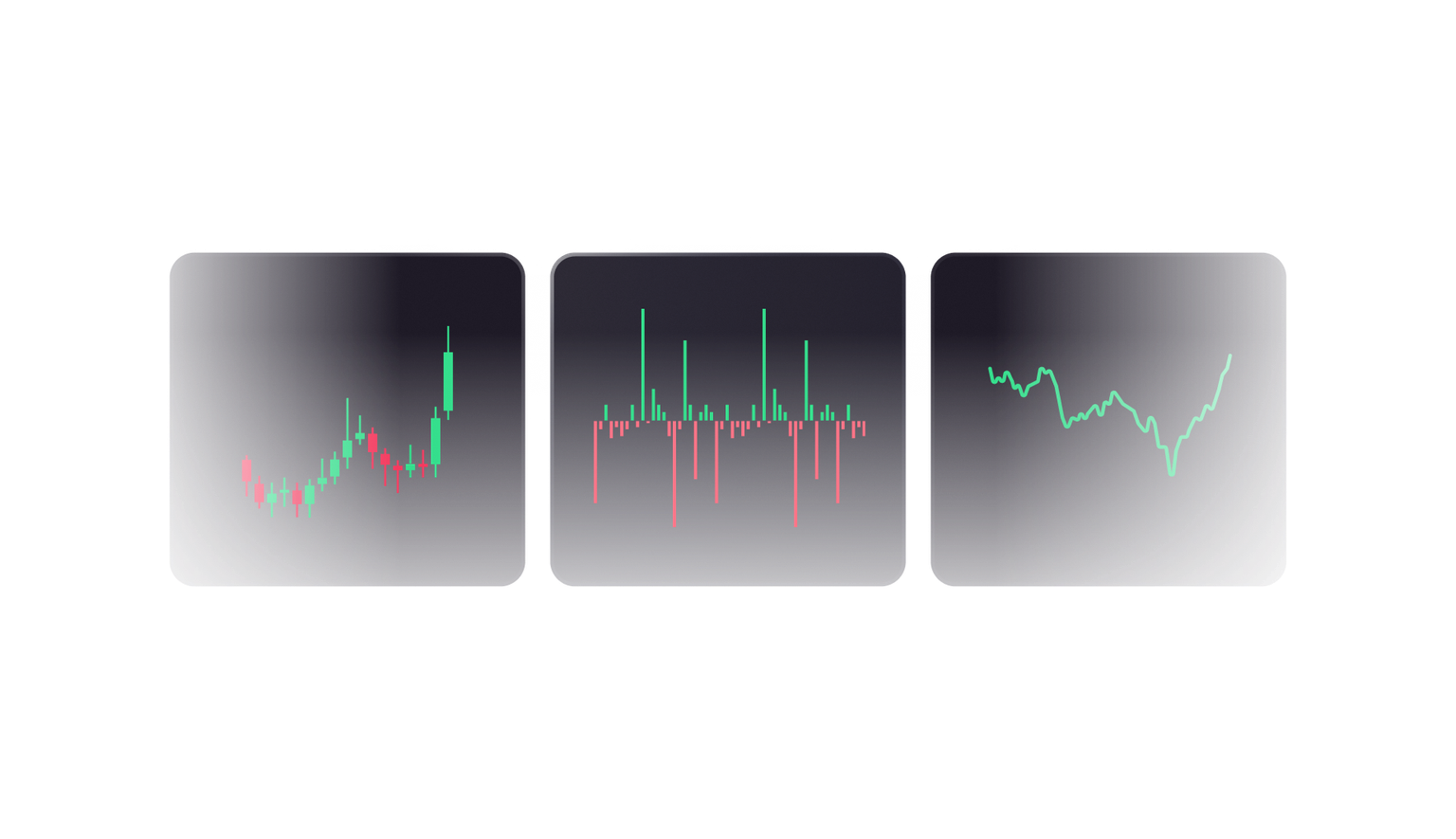 Three financial charts showing stock trends and data analysis.