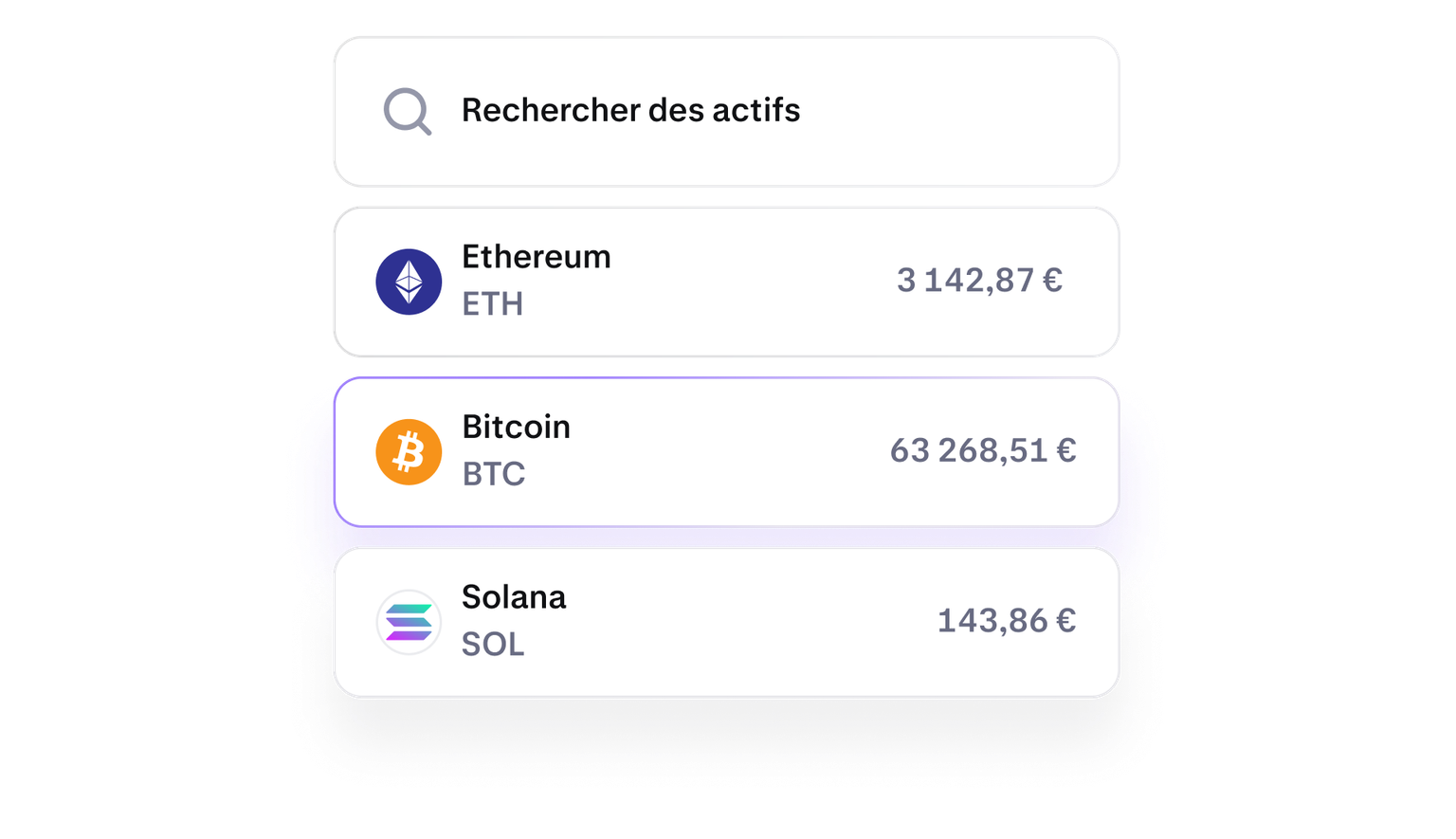 Cryptocurrency asset list for choosing what to buy in the Kraken app