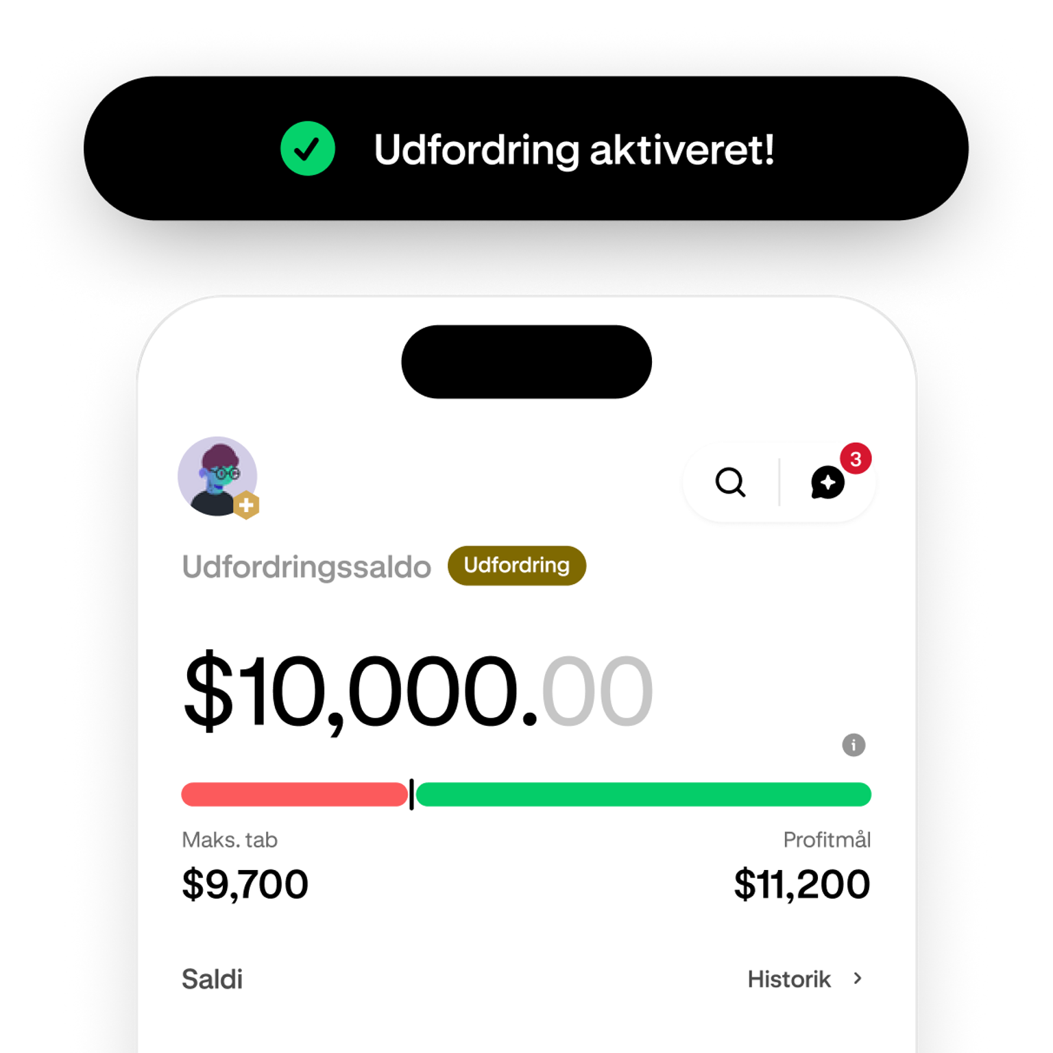 Trading challenge screen showing progress toward the profit target