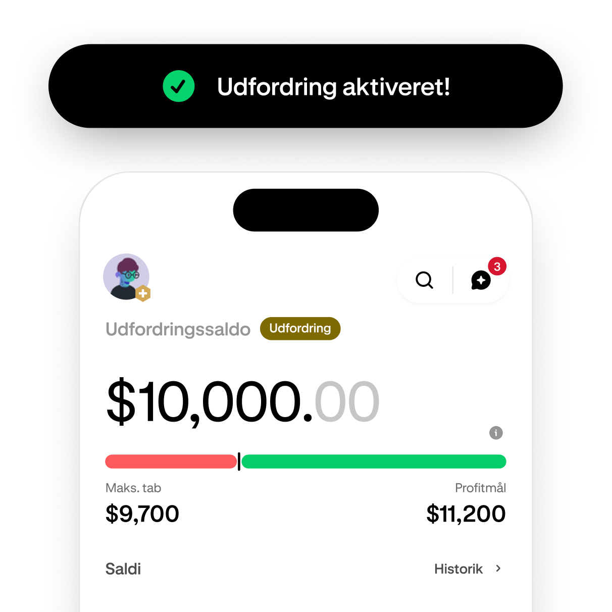 Trading challenge screen showing progress toward the profit target