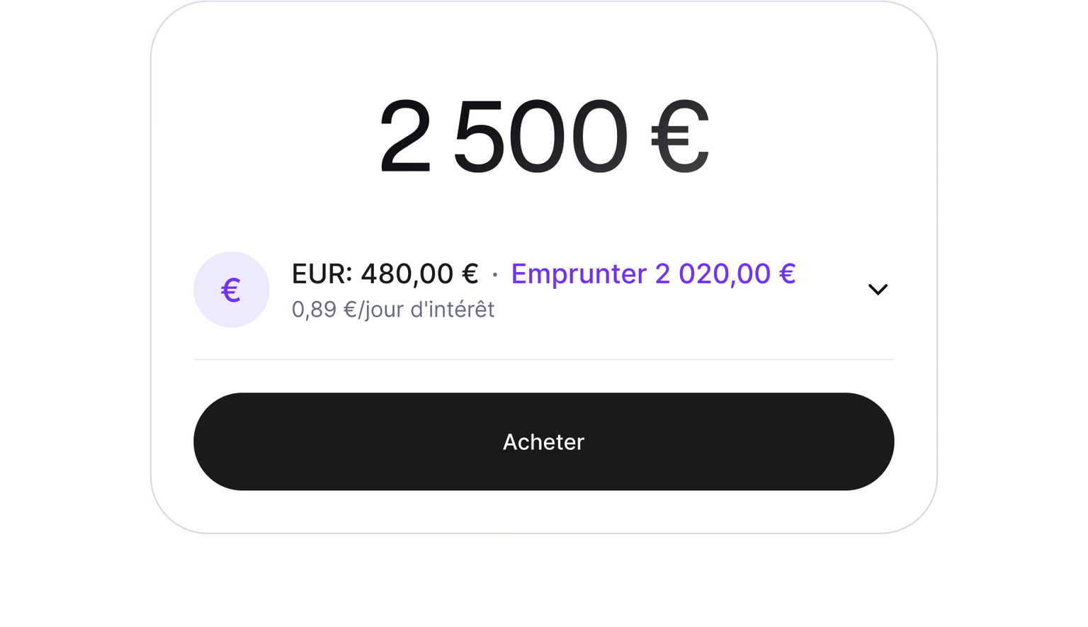 Buy screen showing a purchase funded with cash and a cryptocurrency-backed loan